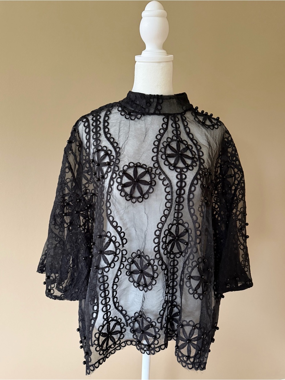 Nancy Yang Faux Pearl Rhinestone Top Sheer Black